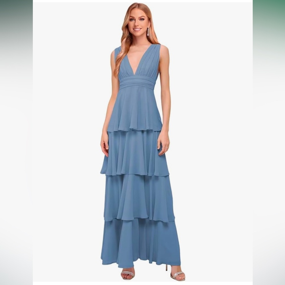 Chiffon v-neck dress with tiers, steel blue in color, size 14